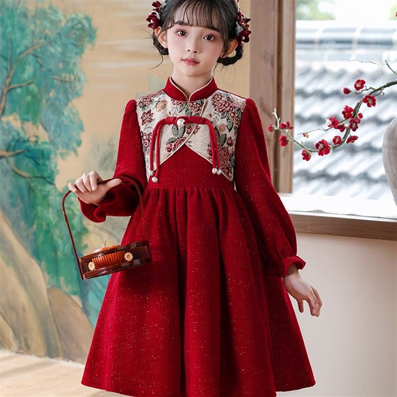 加绒加厚女童旗袍新款新年长袖连衣裙新中式国风喜庆女Y孩红色裙