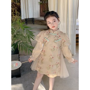 女童连衣裙2024春季 裙子春 新款 儿w童中国风盘扣旗袍裙女宝宝中式