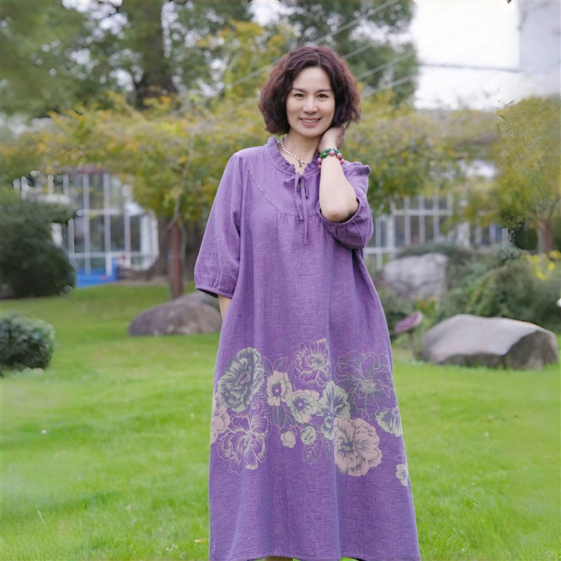古匠锦绣紫棉双层纱连衣裙宽松睡K衣家居服睡裙套装柔软