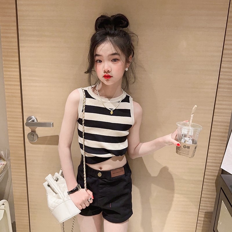 网红时髦女童装h辣妹风针织条纹背心2024新款夏季无袖打底外穿上