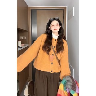 女秋冬季 南瓜橘色圆领毛衣开衫 加厚宽松外穿慵懒风高级.感针织外