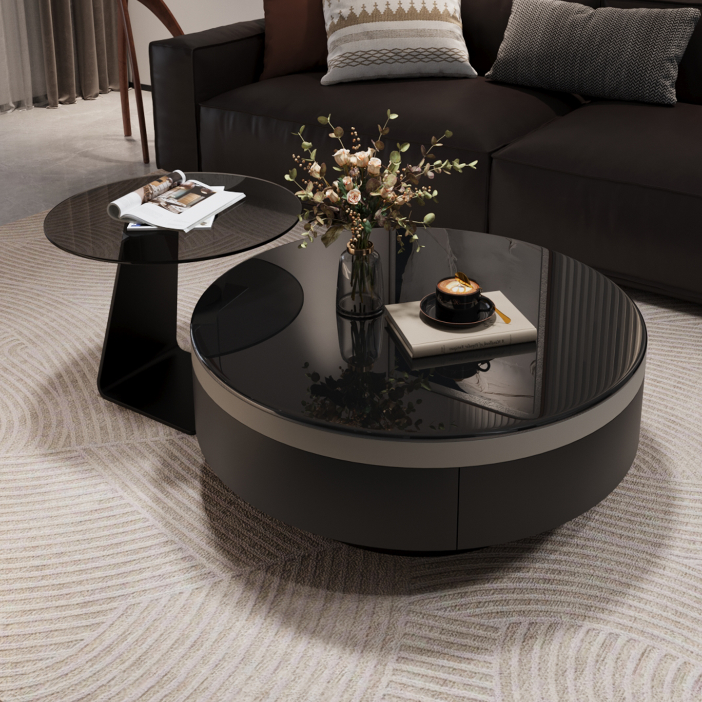 意式轻奢玻璃茶几带抽屉小户型