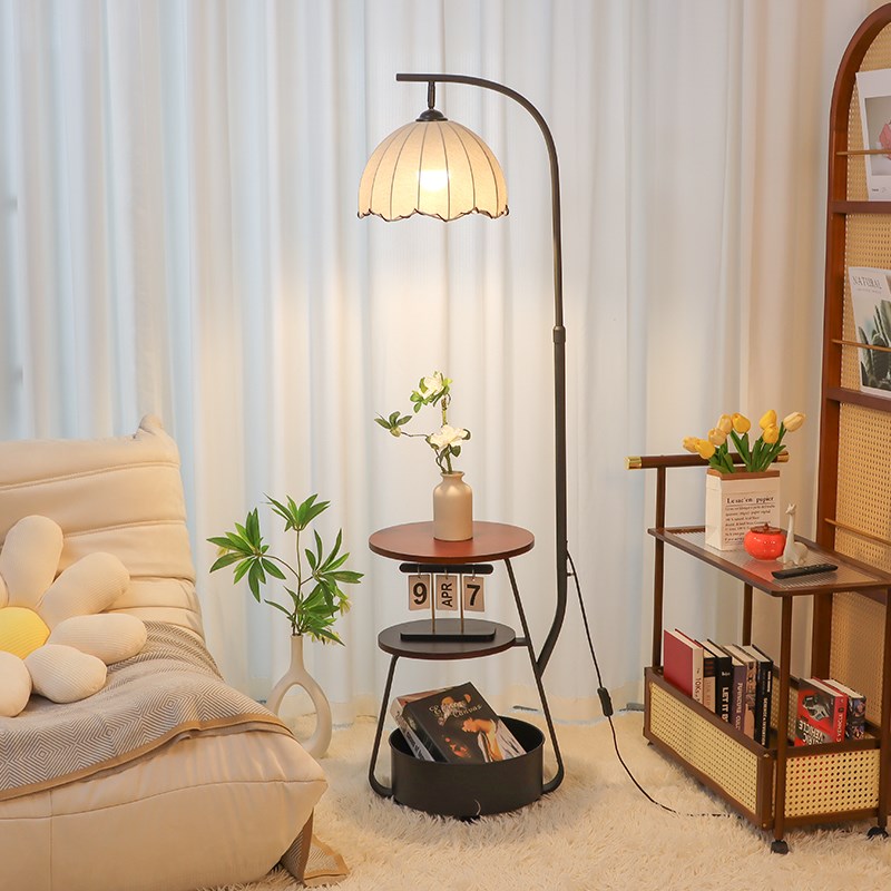 法式中古风落地灯客厅卧室沙发边几置物架氛围艺术床头柜台灯一体