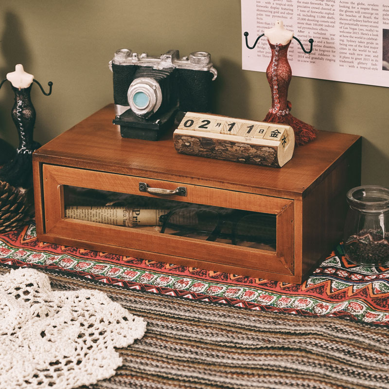 桌面收纳盒电脑增高o架显示屏办公室桌上杂物置物架抽屉式复古木