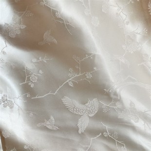 米白色真丝绸缎牡丹花布料 花萝提花重缎33姆米优质丝缎面料