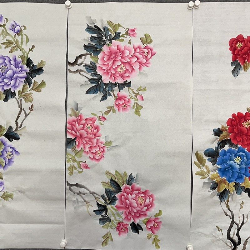 国画牡丹纯手绘宣纸花开富贵扇面竖幅横幅九鱼图挂画小品斗方定制
