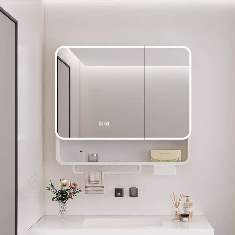 家用太空铝圆弧智能镜柜单独浴室柜镜子带挂杆卫生间挂墙定制镜箱