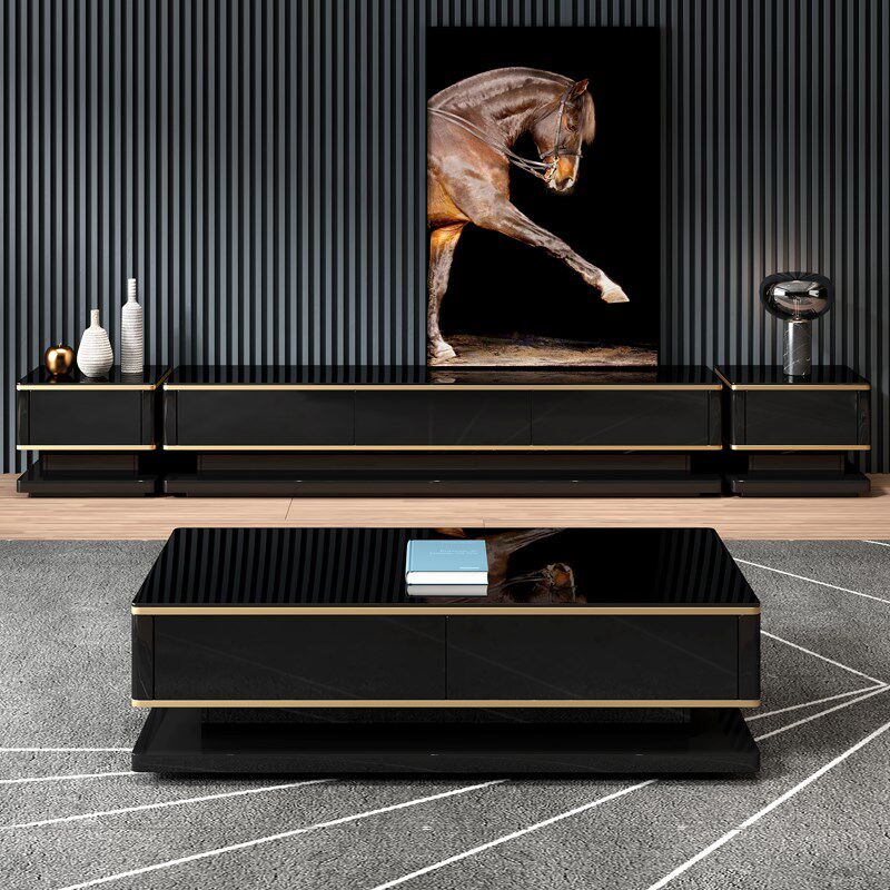 岩板电视柜茶几组合轻奢极简白色亮光客厅现代简约黑色钢化玻璃面