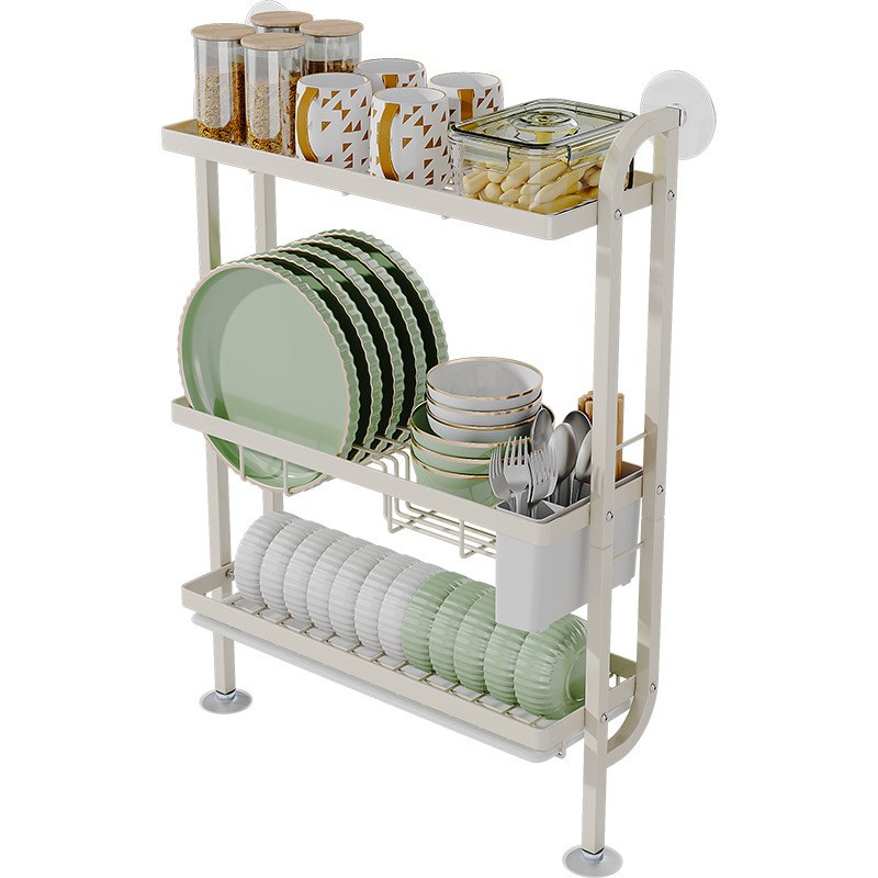 免打孔厨房置物架碗架沥水架放碗碟架台面K窄缝上墙三层碗盘收纳