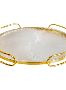 现代轻奢金色黄铜边框玻璃圆形托盘茶盘家居装R饰水杯收纳盘摆件