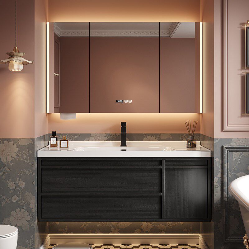 中古风黑色陶瓷一体盆浴室柜镜柜组合化妆室洗脸盆柜洗漱台洗手盆