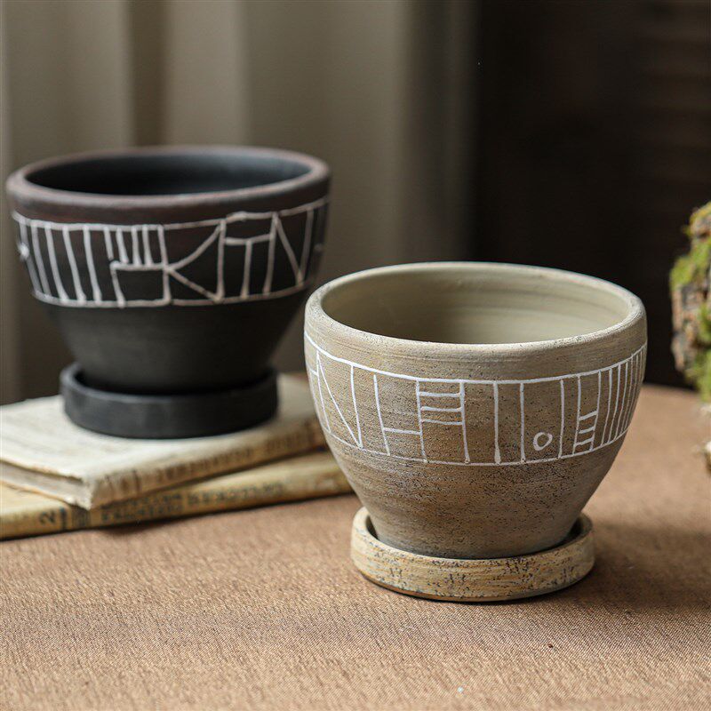 朴纹复古做旧陶盆客厅阳台花盆小号家用花架装饰摆件粗陶民族风