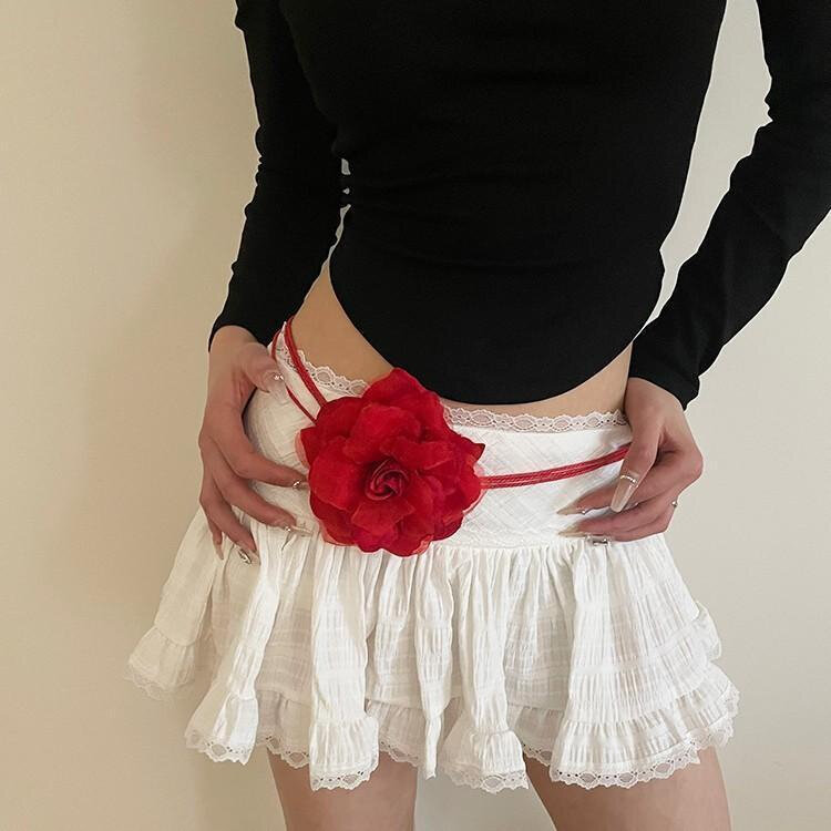 蜡绳编织雪纺花朵细腰带女士甜美打结收腰百搭流苏装饰腰链