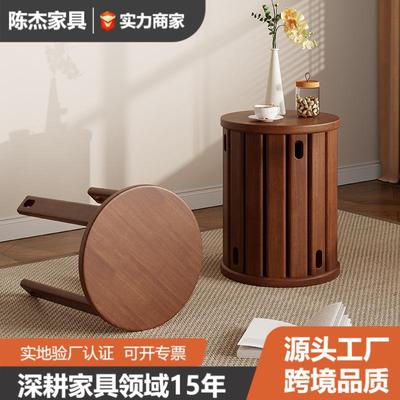 家用凳子可叠放实木圆凳叠叠乐新中式矮凳带滑轮木凳厨房餐厅板凳