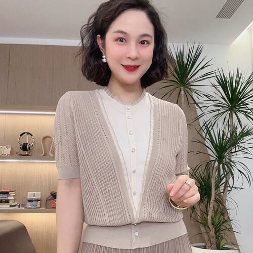 吕木定制立领假两件针织开衫女短袖T恤夏季蕾丝气质洋气#24030
