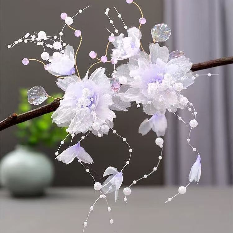古风烫花花朵发夹夹子新款超仙古典舞头饰紫色古风发饰仙气头饰