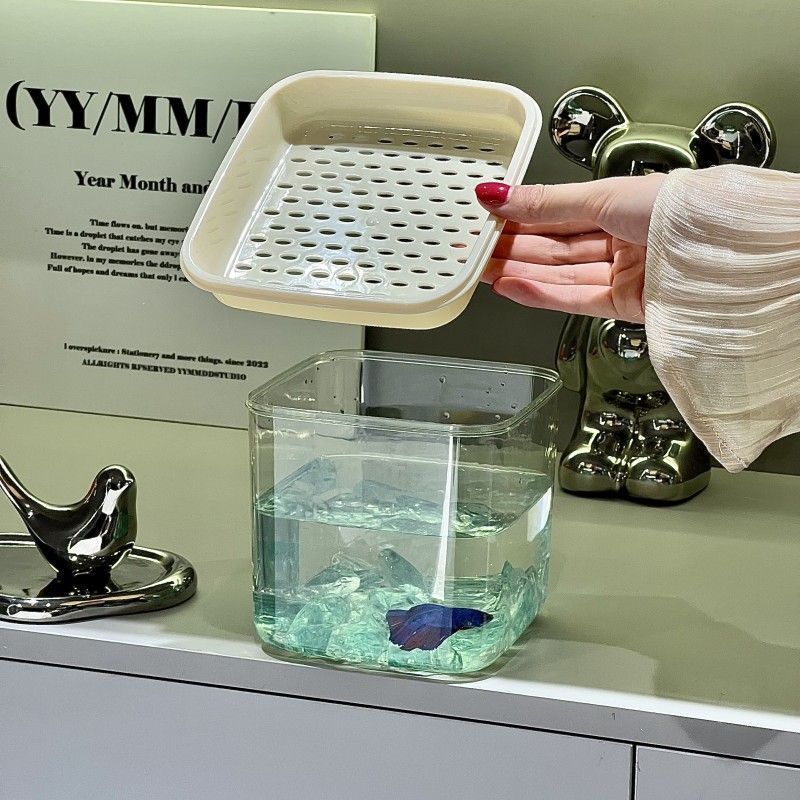 生态小鱼缸加厚斗鱼盒式带漏盖桌面透明鱼缸水族创意造景箱观鱼盒