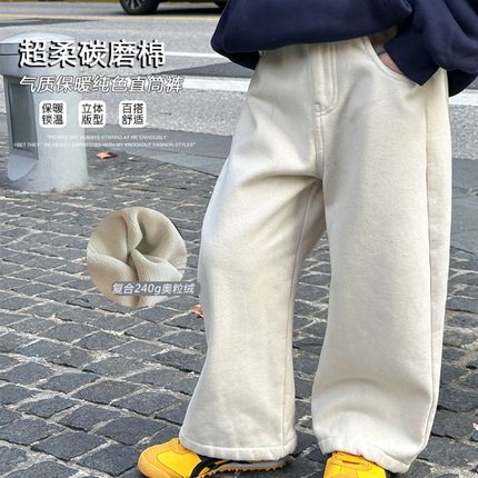 男童加绒裤子儿童冬季韩版u纯色磨棉直筒长裤男孩加厚保暖休闲长