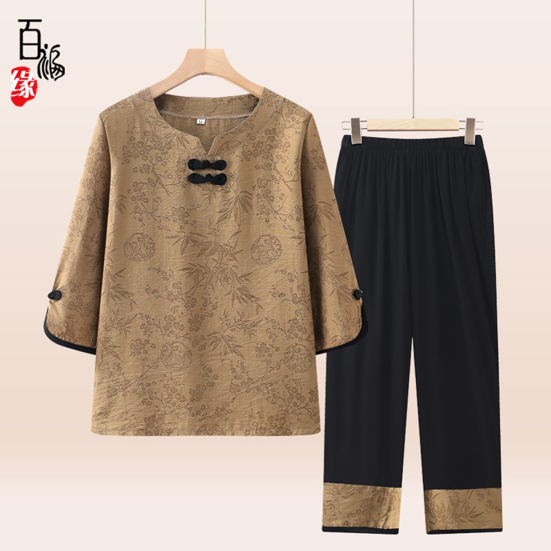 奶奶夏装休闲套装中老年人女妈妈圆领T恤老人老太太夏Y季宽松衣服