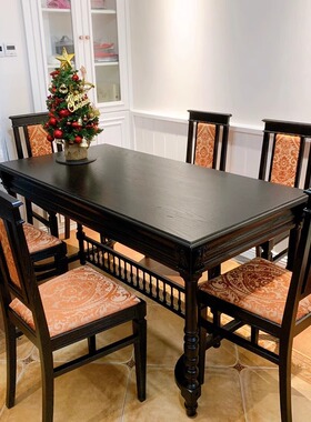 美式实木雕花黑骑士餐桌家用餐厅设计长方形做旧原木书桌乡村桌子