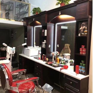 油头馆实木镜子复古理发店镜台美发店油头馆剪发实木镜子带灯男士