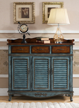 至高美百叶窗鞋柜玄关一体柜复古做旧蓝色多层鞋架工厂批发整装