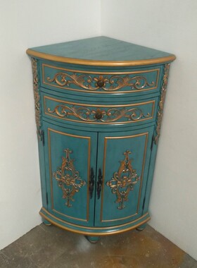 至高美角柜复古做旧金色蓝色雕花转角柜客厅边柜三角型收纳柜整装