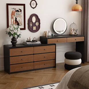 网红中古风实木梳妆台卧室床尾化妆台斗柜一体收纳柜可伸缩化妆桌