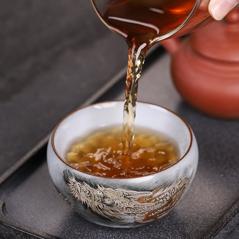 名师手绘官窑银绘飞龙五大名窑杯大号手工主人杯陶瓷品茗杯送长辈