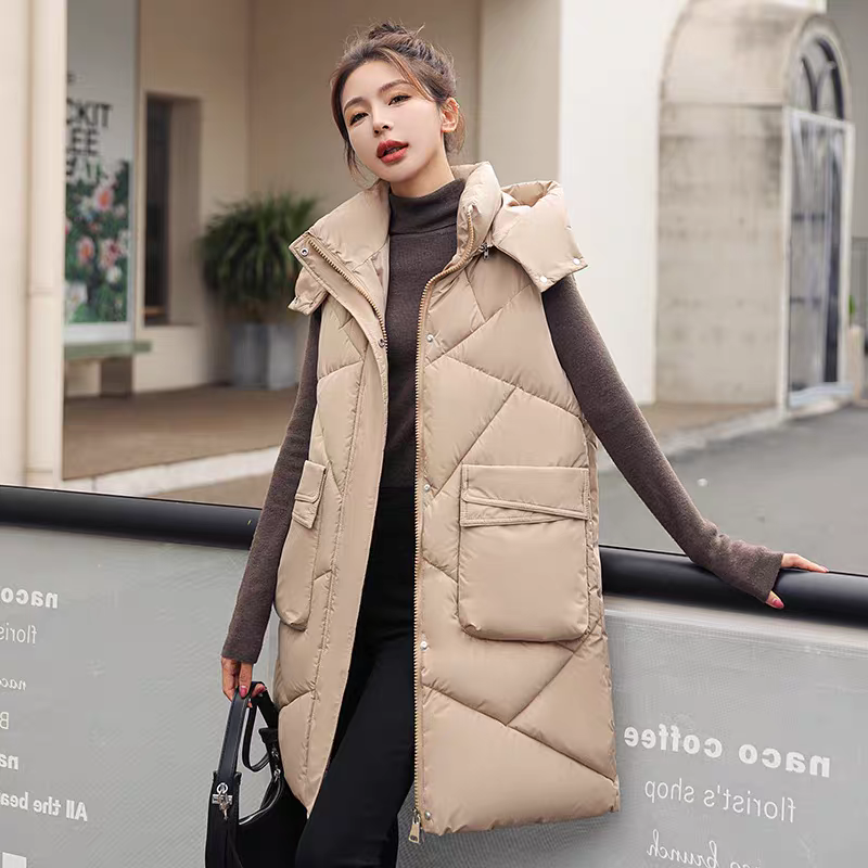 欧美新款秋冬女士时尚休闲中长款棉服马甲背心外套 羽绒棉马甲