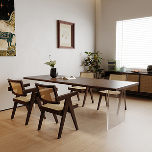 严选黑胡桃木餐桌亚克力悬浮现代书桌茶桌樱桃木松木实木家用桌子