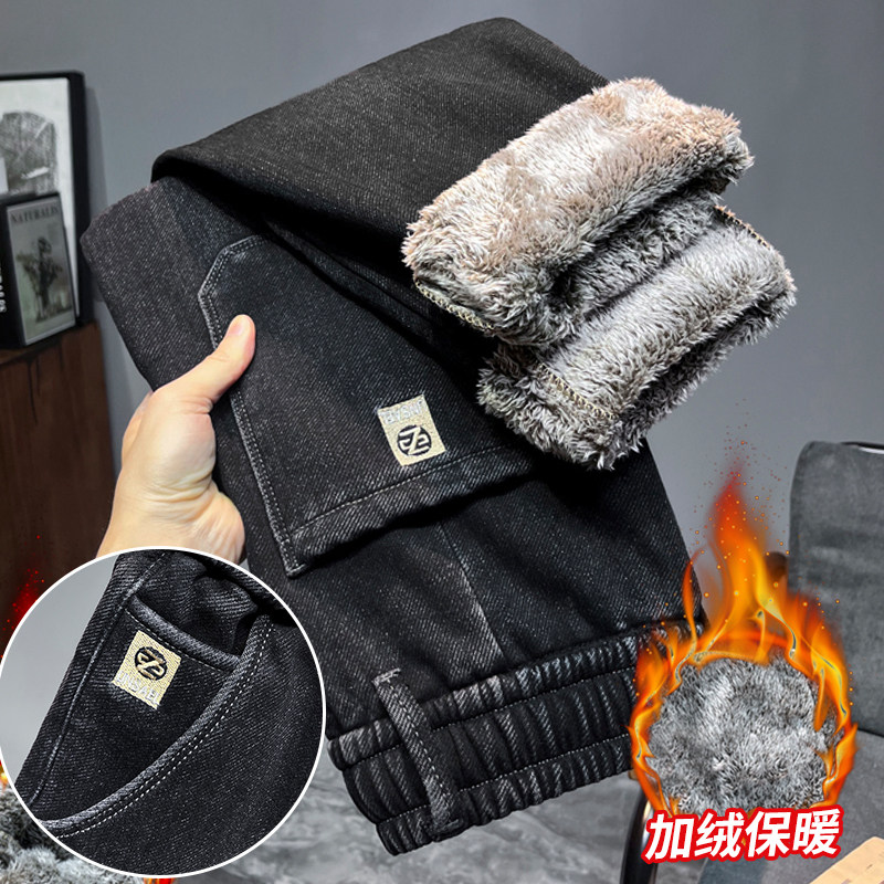 男士牛仔裤加绒冬季羊羔绒裤子男2025新款加厚保暖松紧腰抽绳男裤