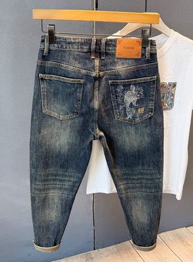 2025夏季锦鲤刺绣牛仔裤男八分裤小脚百搭怀旧复古九分哈伦裤春秋