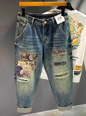 高街潮牌复古破洞牛仔裤宽松哈伦男士春秋新款个性潮流贴布长裤男