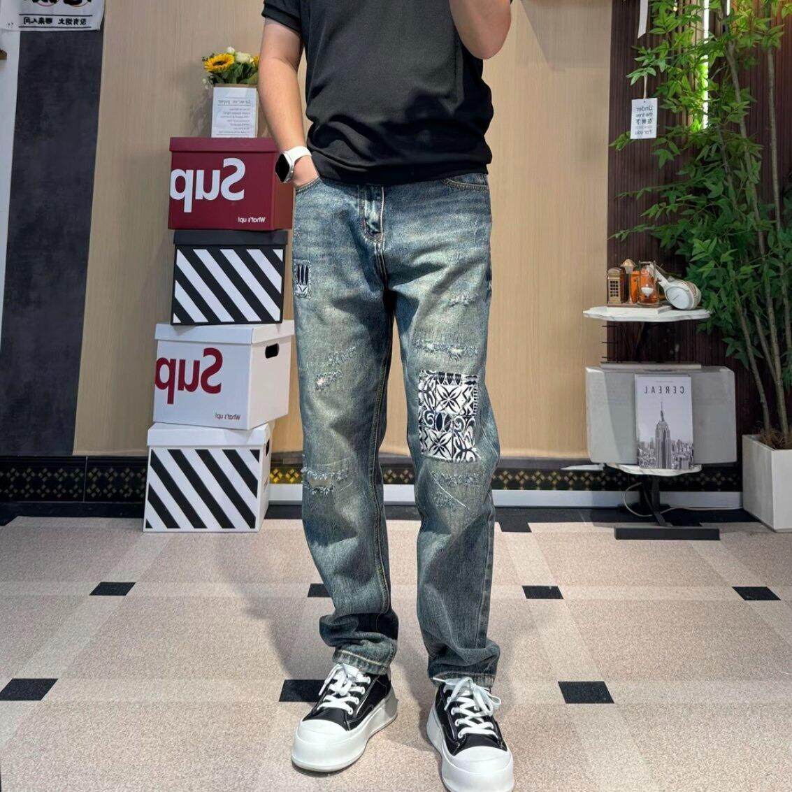 水洗复古做旧贴布补丁牛仔裤男合身微锥小直筒美式高街长裤痞帅潮