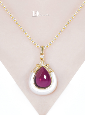 【珠宝人DD】现货18k金镶嵌卢比莱碧玺水滴形伴贝母吊坠CGRL证书