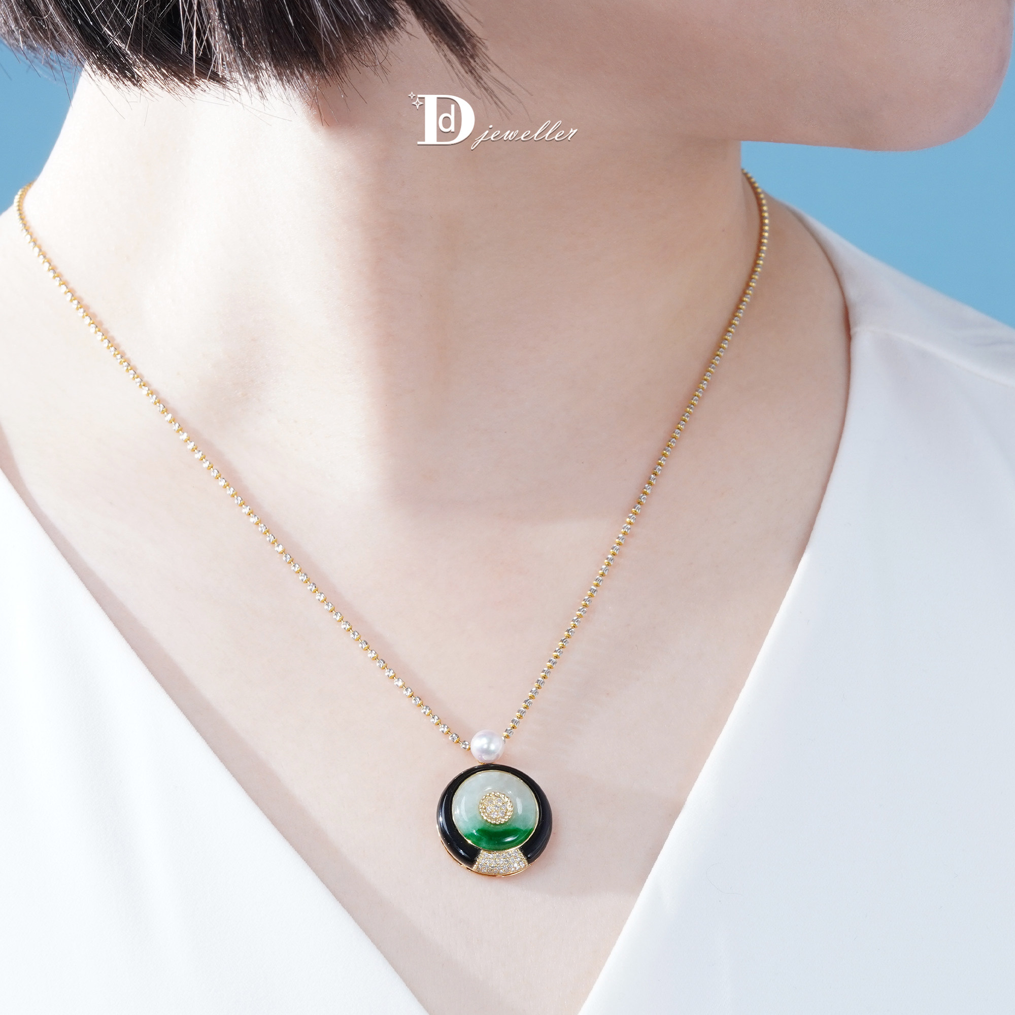 【珠宝人DD】现货18k金镶嵌黑玛瑙伴海水珍珍珠缅料A货翡翠吊坠