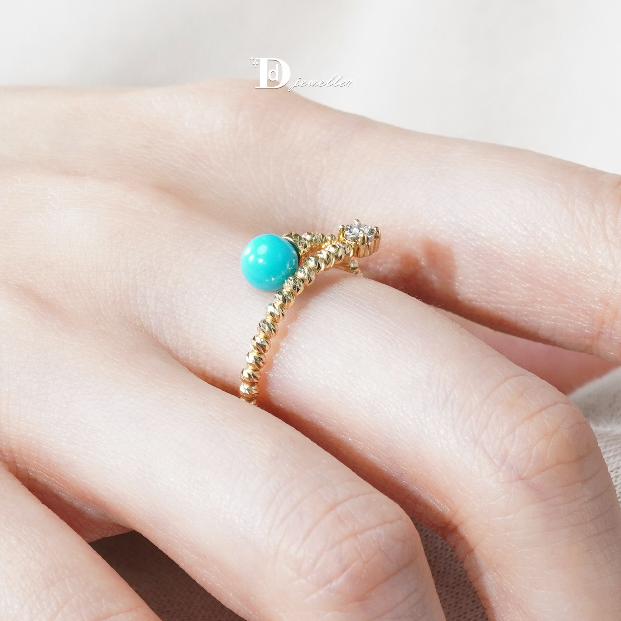 【珠宝人DD】现货18k金镶嵌绿松石美松钻石开口戒指高瓷质感高蓝