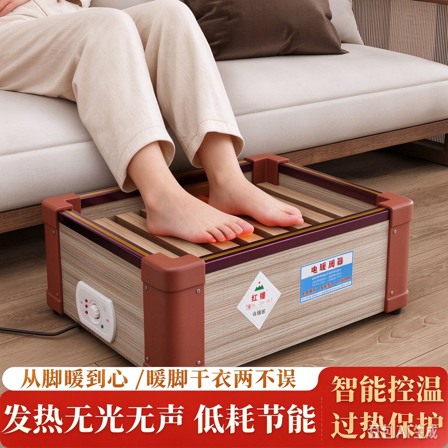 红健实木暖脚器家用烤火炉办公电火箱室内烤脚取暖器火桶长方形
