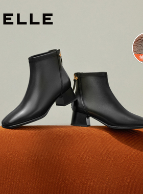 百丽专柜正品羊皮时尚气质短靴显瘦通勤加绒粗高跟时装靴3LI40DD4