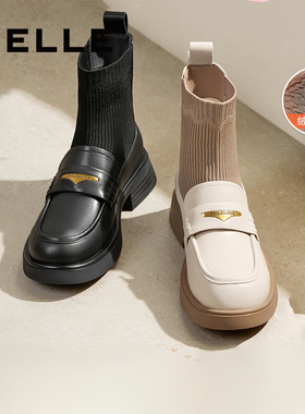 百丽专柜正品乐福鞋女短靴弹力袜靴子秋冬款黑色小皮鞋B8T1DDD4