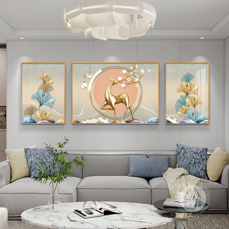 麋鹿高级客厅餐厅轻奢三联挂画
