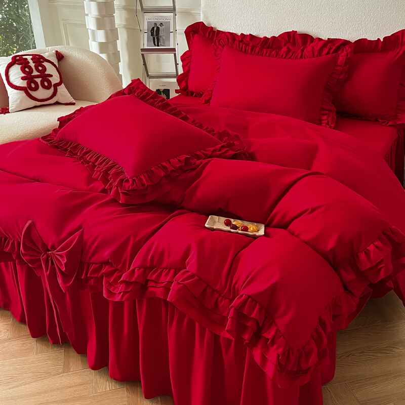 婚庆床上用品红色床裙四件套亲肤棉被套床罩公主风结婚陪嫁喜被2M