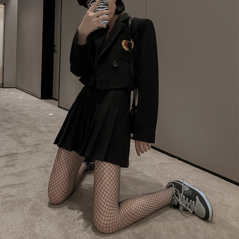 网红黑丝渔网袜辣妹jk中小网黑色丝袜女春秋款大网格黑连裤袜薄款