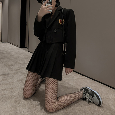 网红黑丝渔网袜辣妹jk中小网黑色丝袜女春秋款大网格黑连裤袜薄款
