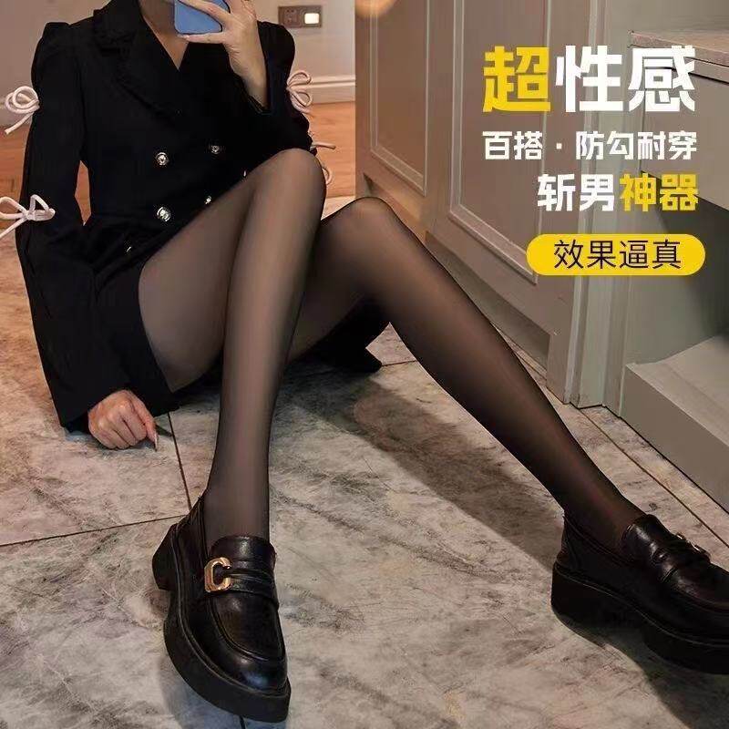 秋冬季黑丝袜光腿神器加绒加厚款黑色假透肤打底裤一体透肤连裤袜