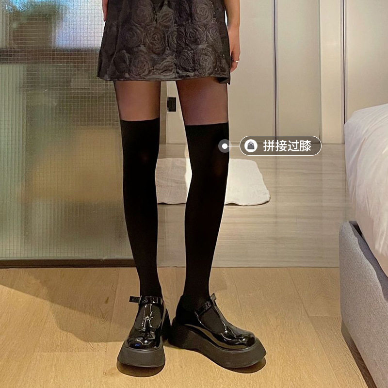 黑色拼接丝袜女薄款春秋小腿假两件过膝高筒黑丝秋季防勾丝连裤袜