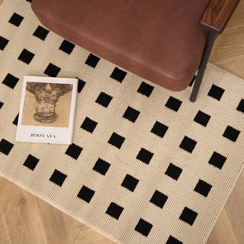 法式奶油风入户地垫高级感黑白格进门脚垫大门玄关卧室仿羊绒地毯