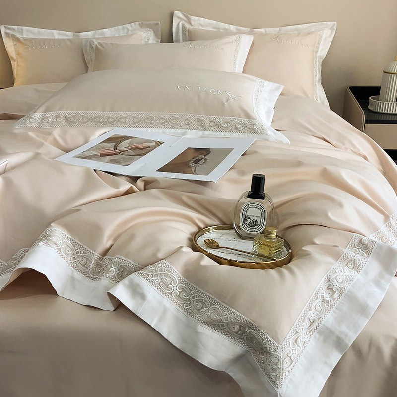 简约轻奢a100支长绒棉纯棉四件套 少女心花边刺绣全棉被套床上用