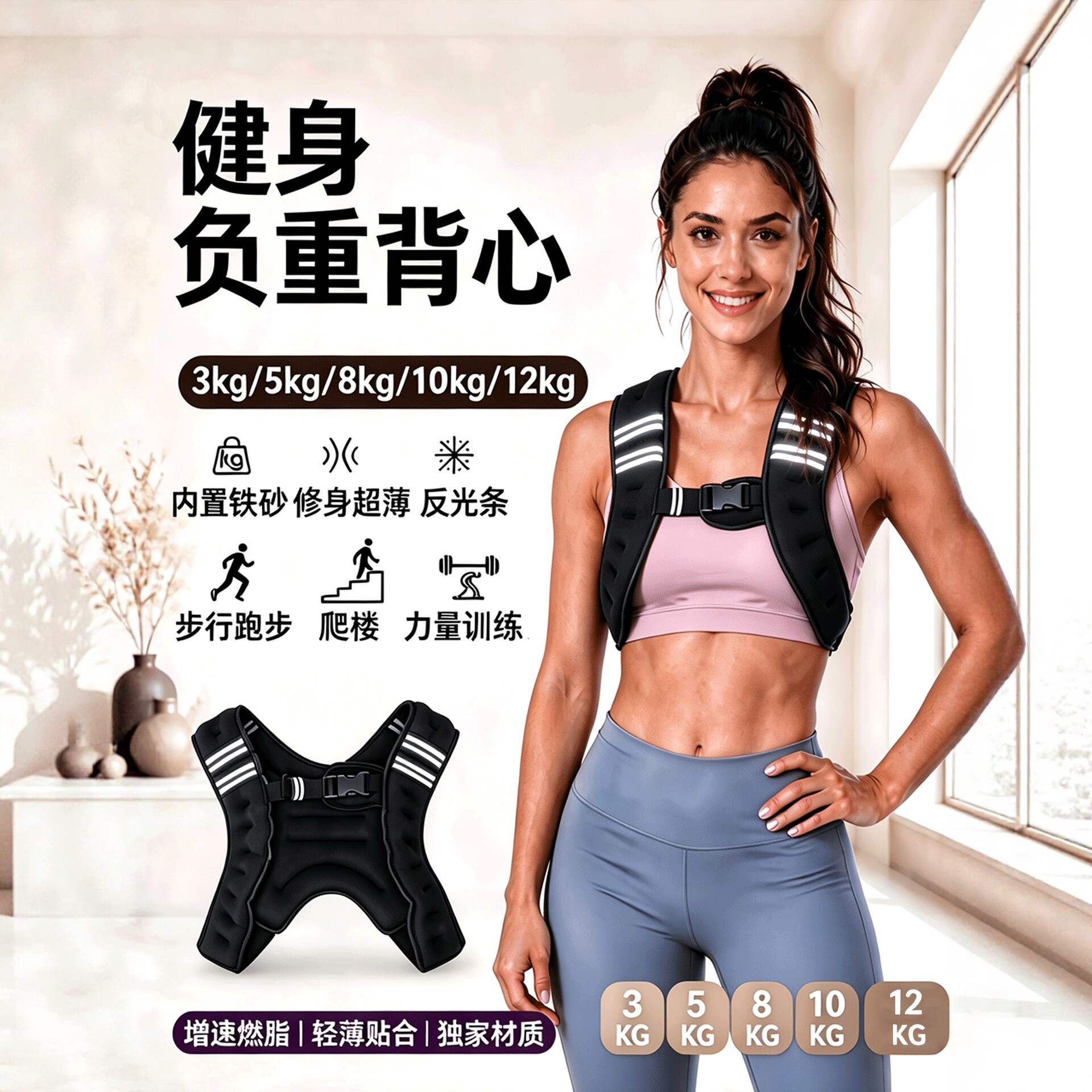 软铁负重背心爬楼跑步力量可调节健身训练马甲3-12KG户外运动装备